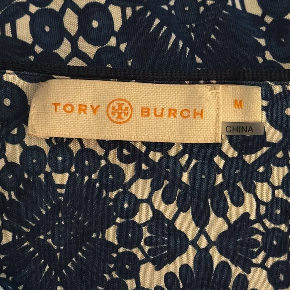 TORY BURCH Walker Long Sleeve‎ Fitted Mini Dress Navy Blue White Size M Keyhole